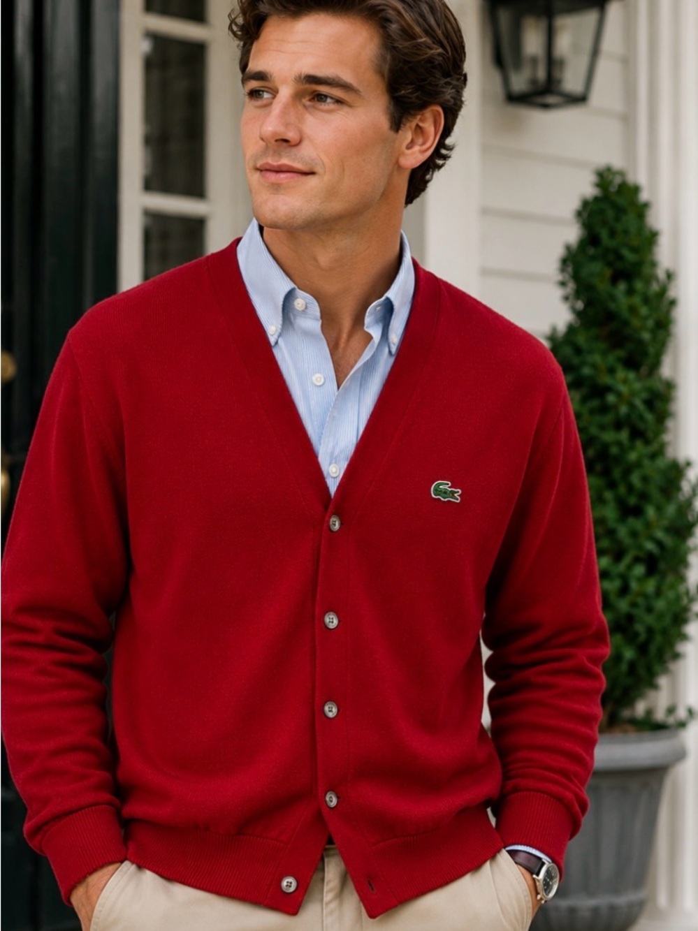 Lacoste Men's Deep Red V-Neck Button Cardigan Vintage 80s XL Preppy Americana